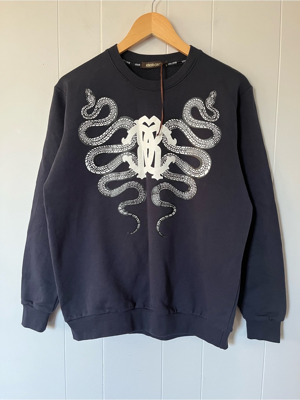 New Roberto Cavalli Snake Sweatshirt Crewneck Graphic Black White Italy Cotton